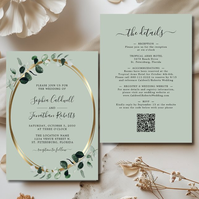 Convite Eucalyptus Dourado Sage All in One Wedding (Updated Eucalyptus Gold Sage Double Sided All in One Wedding Invitation)