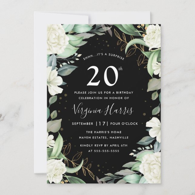 Convite Eucalyptus Floral Black 220 Aniversário (Frente)
