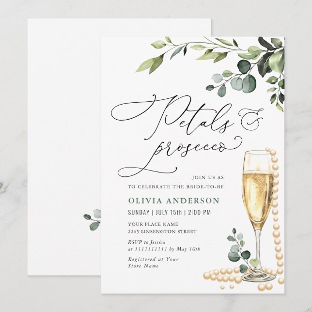 Convite Eucalyptus Floral Chá de panela PETALS & Prosecco (Frente/Verso)