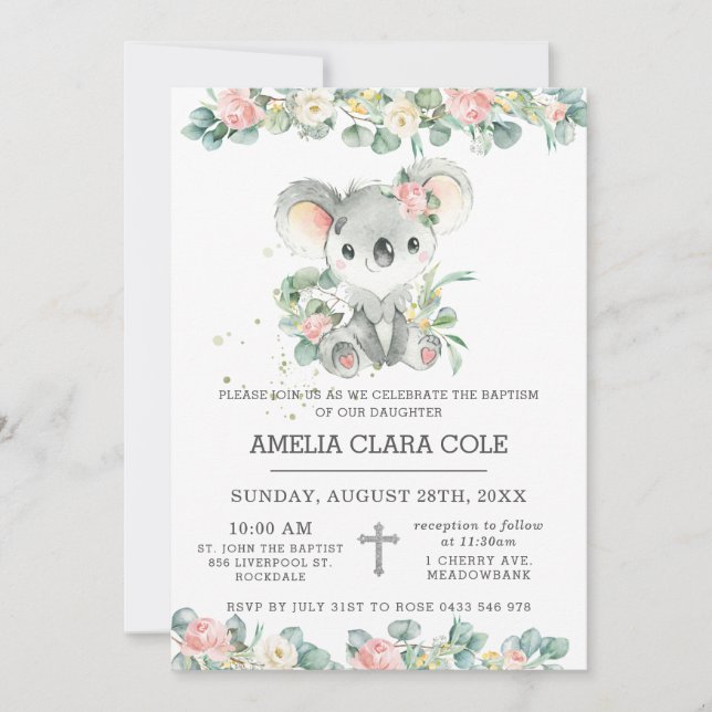 Convite Eucalyptus Floral Cute Koala Baptism Christening (Frente)