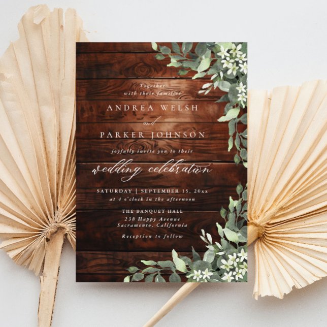 Convite Eucalyptus Floral Greenery Rustic Wood Wedding (Criador carregado)