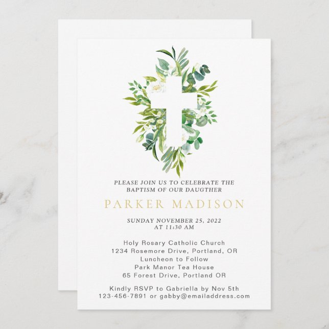 Convite Eucalyptus Floral Greens Aquarela Batismo Cruzado (Frente/Verso)