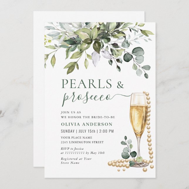 Convite Eucalyptus Floral PEARLS e Prosecco (Frente/Verso)