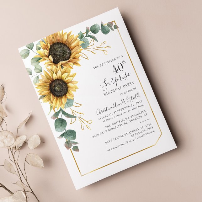 Convite Eucalyptus Floral Sunflower aniversário de 40 anos (40th Birthday Sunflower Eucalyptus Greenery Surprise Party invitation)