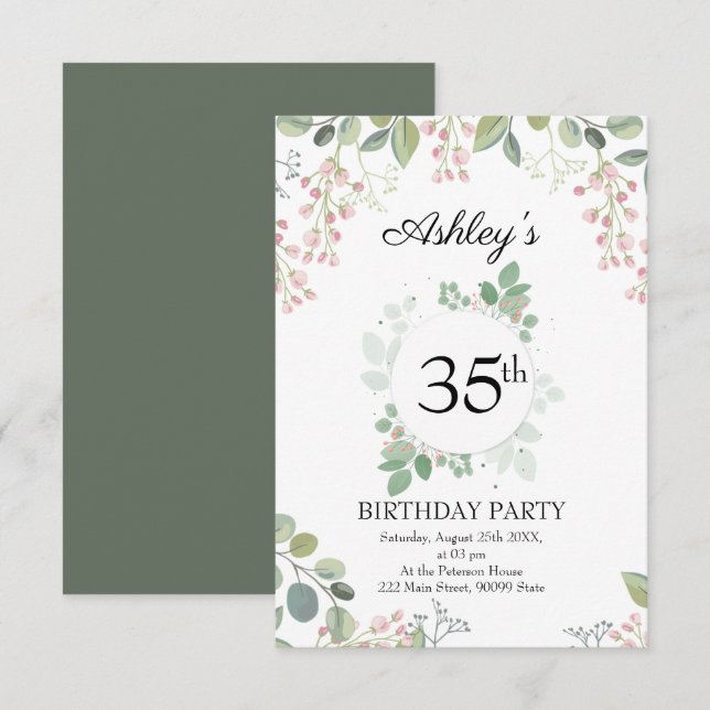 Convite Eucalyptus Flowers & Wreath Birday (Frente/Verso)
