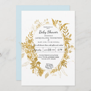 Convite Eucalyptus Foliage Boy Baby Blue w Dourado