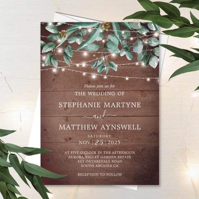Convite Eucalyptus Foliage Rustic Lights Wood Casamento (Criador carregado)