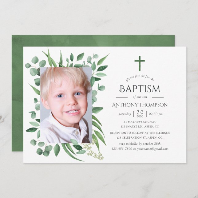 Convite Eucalyptus Forest Greenery Baptism ou Christening (Frente/Verso)