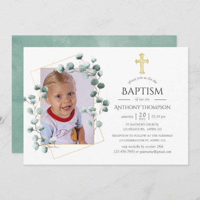 Convite Eucalyptus Geométrico Baptism ou Christening (Frente/Verso)