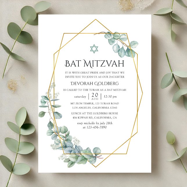 Convite Eucalyptus Geométrico Bat Mitzvah (Watercolor Geometric Eucalyptus Bat Mitzvah Invitation)