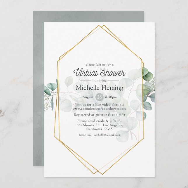 Convite Eucalyptus Geométrico Bridal ou Chá de fraldas Vir (Frente/Verso)