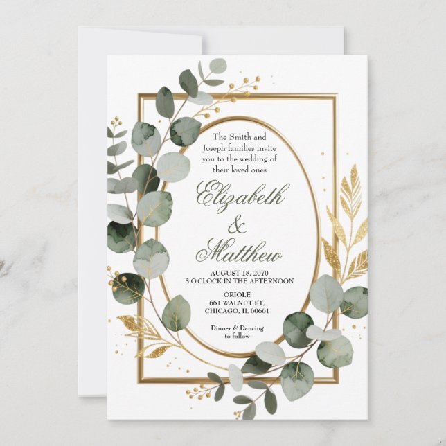 Convite Eucalyptus Gold Botanical Wreath Wedding Invitatio (Frente)