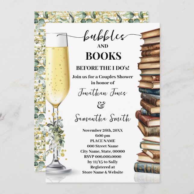 Convite Eucalyptus Gold Bubbles & Books Couples Shower (Frente/Verso)