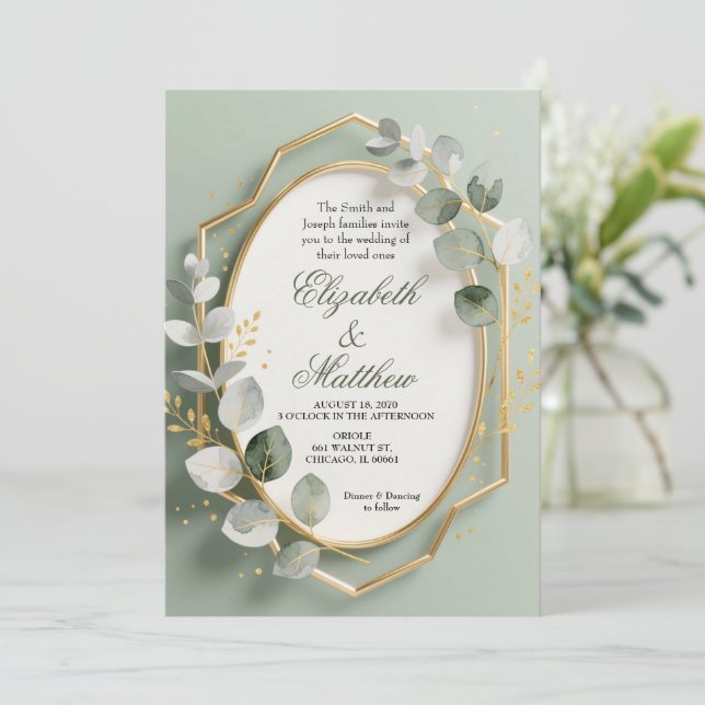 Convite Eucalyptus Gold Geometric Frame Wedding Invite (Em pé/Frente)