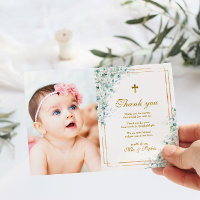 Eucalyptus & Gold Photo Baptism Thank You Card
