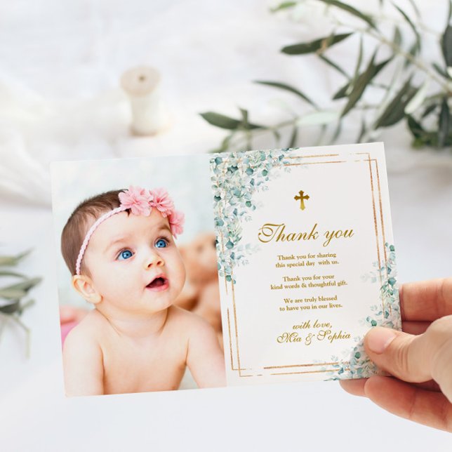 Convite Eucalyptus & Gold Photo Baptism Thank You Card (Criador carregado)