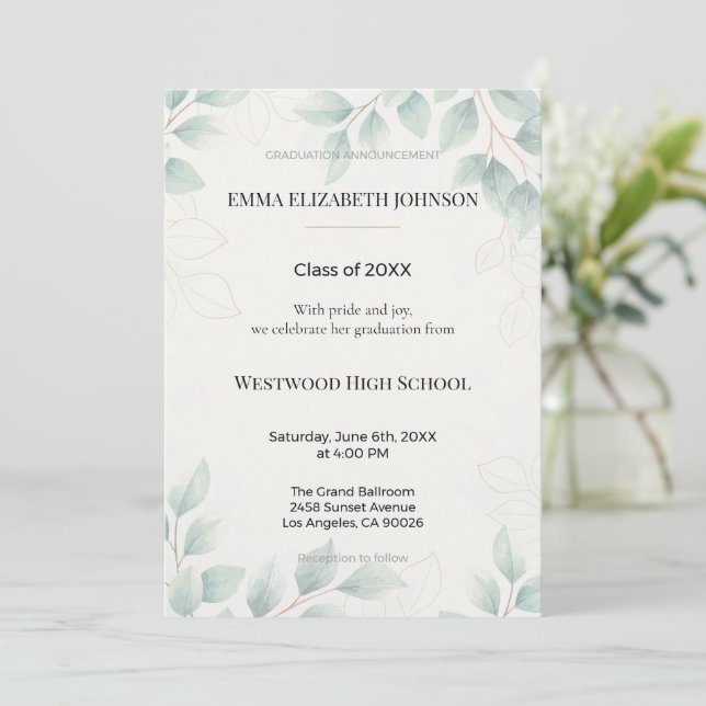 Convite Eucalyptus Graduation Invitation Template, Elegant (Em pé/Frente)