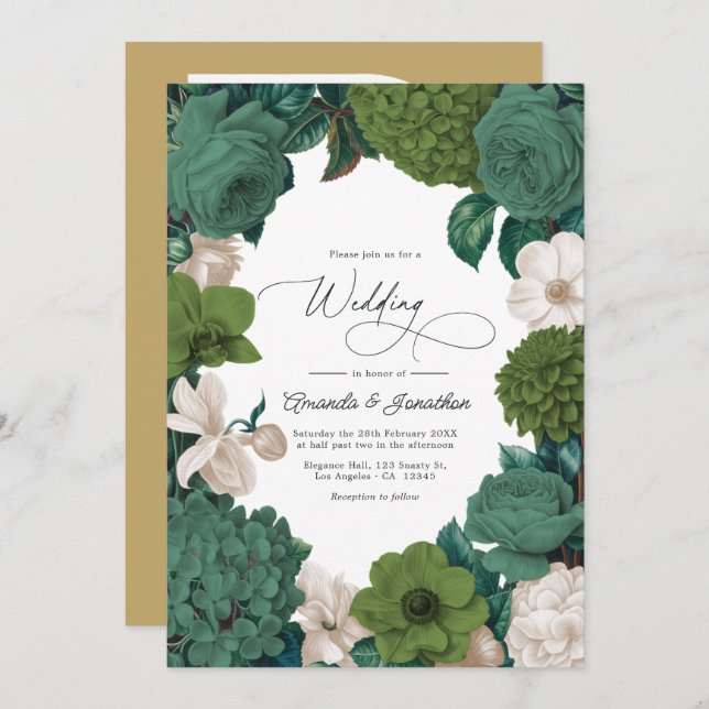 Convite Eucalyptus Green, Fern Olive & Cream Line Wedding (Frente/Verso)