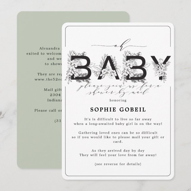 Convite Eucalyptus Green Floral Por Chá de fraldas (Frente/Verso)