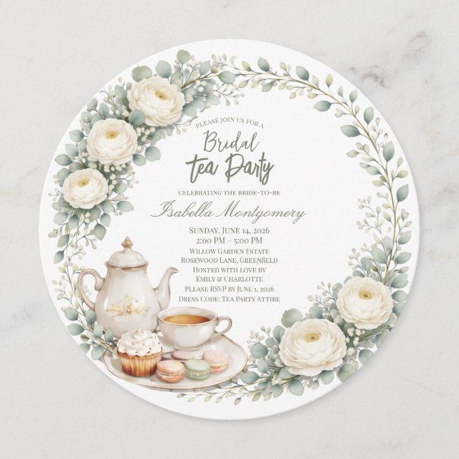 Convite Eucalyptus Green Palette Tea Party Bridal Shower (Frente)