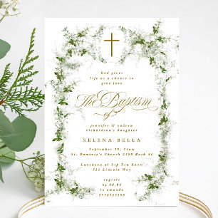 Convite Eucalyptus Green White Frame Cross Baptism