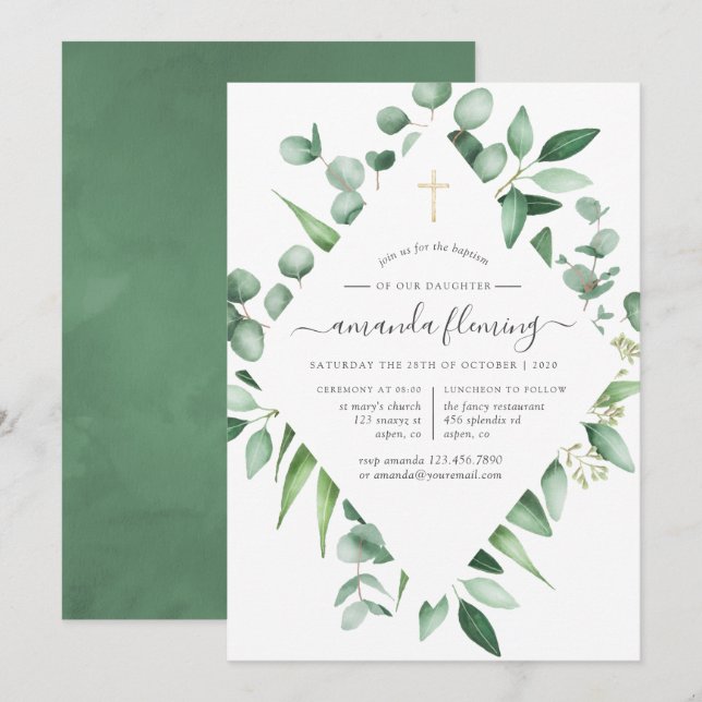 Convite Eucalyptus Greenerescer Baptism ou Christening (Frente/Verso)