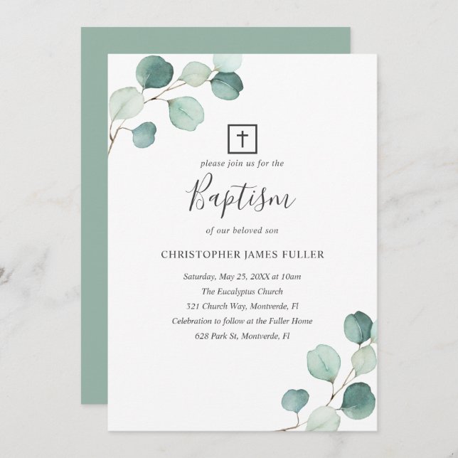 Convite Eucalyptus Greeneric Batismo religioso Elegante (Frente/Verso)