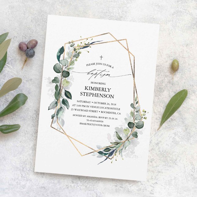 Convite Eucalyptus Greenery Batismo Geométrico Moderno (Eucalyptus Greenery Baptism Invitations)