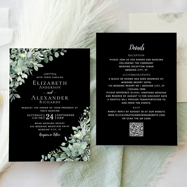 Convite Eucalyptus Greenery Black Tudo Em Um Casamento (Criador carregado)