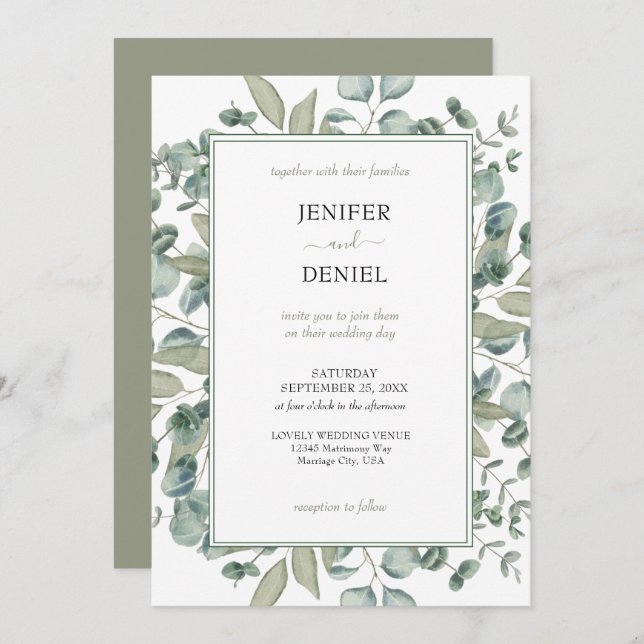 Convite Eucalyptus Greenery Botanical Wedding (Frente/Verso)