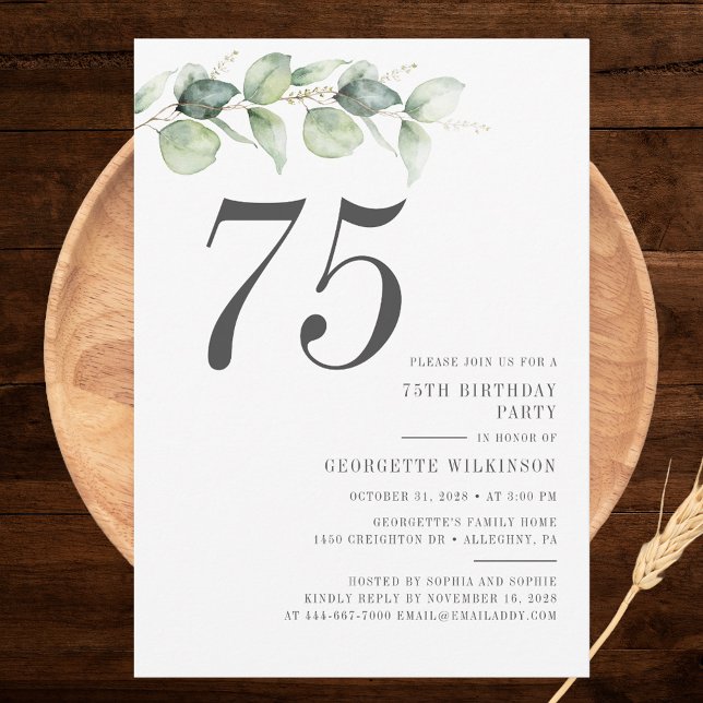 Convite Eucalyptus Greenery Botânico 75.o Aniversário (Modern Eucalyptus Minimalist 75th Birthday Party Invitation)