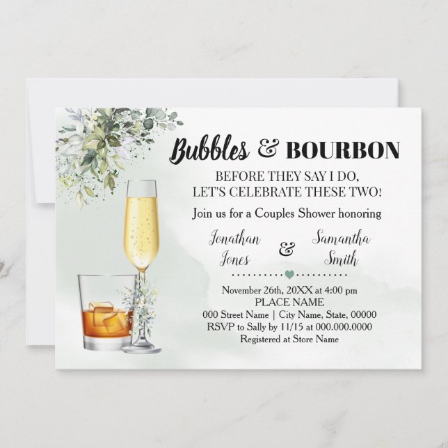 Convite Eucalyptus Greenery Bubbles & Bourbon Chá (Frente)