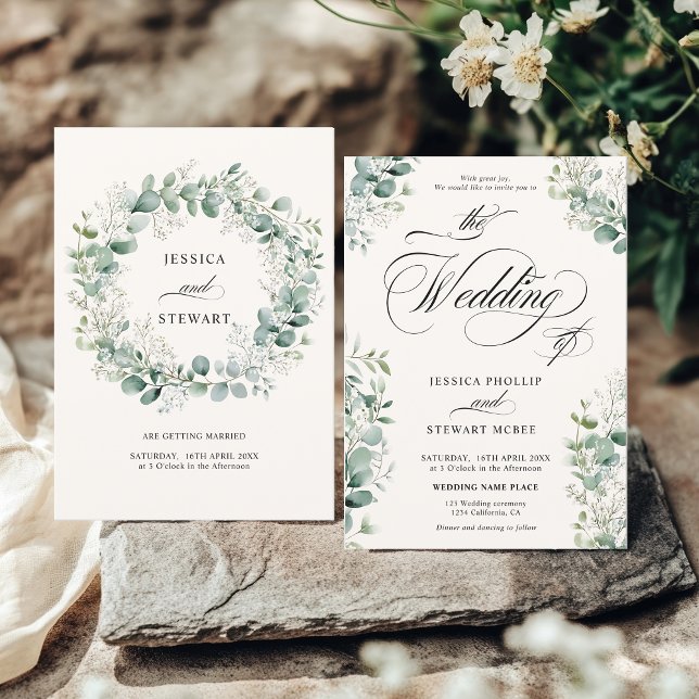 Convite Eucalyptus Greenery Casamento de Script Elegante (Elegant Breath Eucalyptus Greenery Script Wedding Invitation)