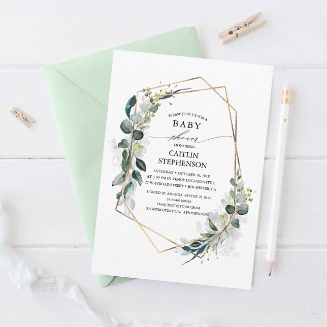 Convite Eucalyptus Greenery Chá de fraldas Geométrico Mode (Eucalyptus Leaves Baby Shower Invitations)