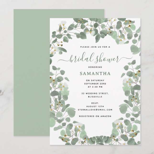 Convite Eucalyptus Greenery Chá de panela de Dólar Pratead (Frente/Verso)