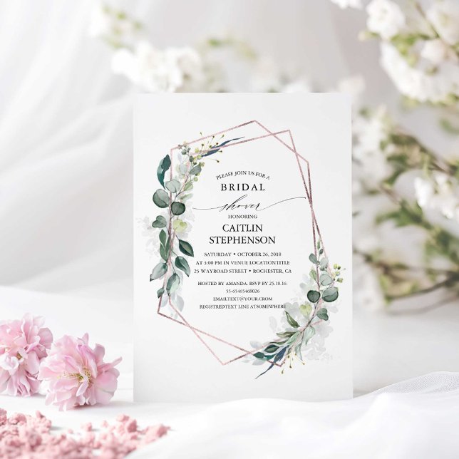 Convite Eucalyptus Greenery Chá de panela Geométrico Moder (Rose Gold Greenery Bridal Shower Invitations)