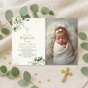 Convite Eucalyptus Greenery Cross Foto Baptism Moderno