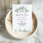 Convite Eucalyptus Greenery Doce Dezesseis Festas de anive<br><div class="desc">Este eucalipto verde doce de dezesseis anos é perfeito para uma simples celebração do décimo sexto aniversário. A design apresenta rosas roxas,  brancas,  azuis e cor-de-rosa deslumbrantes aninhados num belo buquê de folhas verdes de eucalipto.</div>