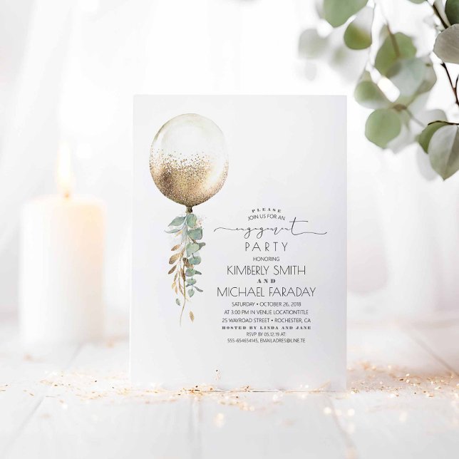 Convite Eucalyptus Greenery Dourada Festa de noivado de Ba (Gold Balloon and Greenery Engagement Party Invitations)