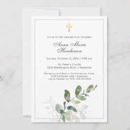 Convite Eucalyptus Greenery Dourado Batismo Cruzado