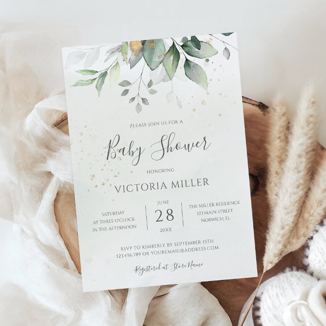 Convite Eucalyptus Greenery Dourado Chá de fraldas Elegant (Criador carregado)