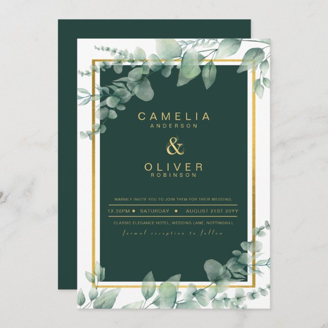 Convite Eucalyptus Greenery Dourado CÓDIGO QR de Casamento (Frente/Verso)