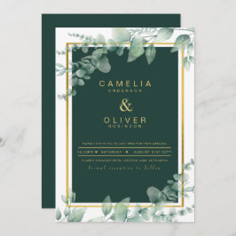 Convite Eucalyptus Greenery Dourado CÓDIGO QR de Casamento