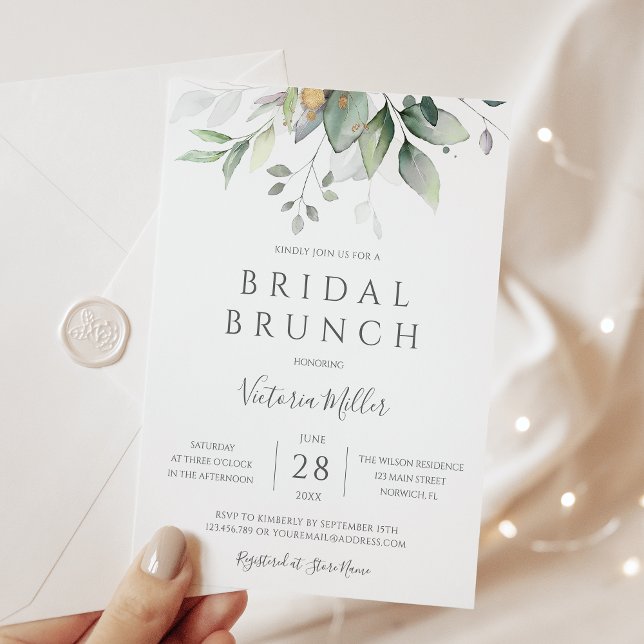 Convite Eucalyptus Greenery Dourado deixa Bridal Brunch (Criador carregado)