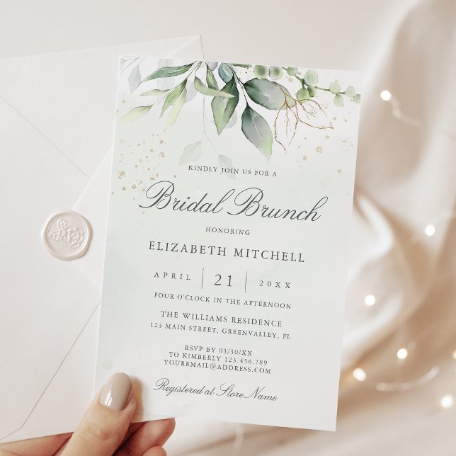 Convite Eucalyptus Greenery Dourado deixa Bridal Brunch (Criador carregado)