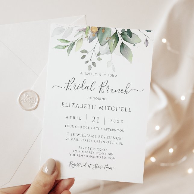 Convite Eucalyptus Greenery Dourado deixa Bridal Brunch (Criador carregado)