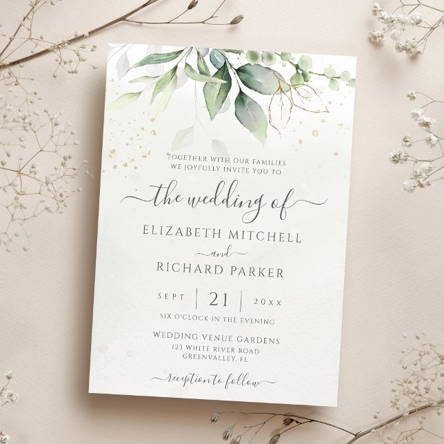 Convite Eucalyptus Greenery Dourado Deixa Casamento Botâni (Criador carregado)