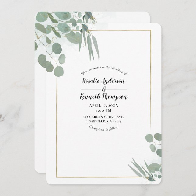 Convite Eucalyptus Greenery e Casamento Dourado (Frente/Verso)