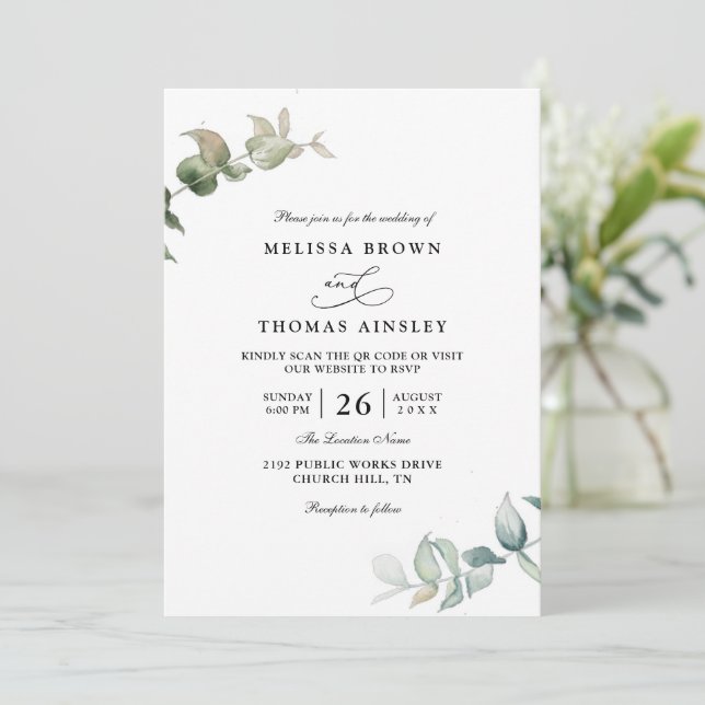 Convite Eucalyptus Greenery Elegant Modern QR Code Wedding (Em pé/Frente)