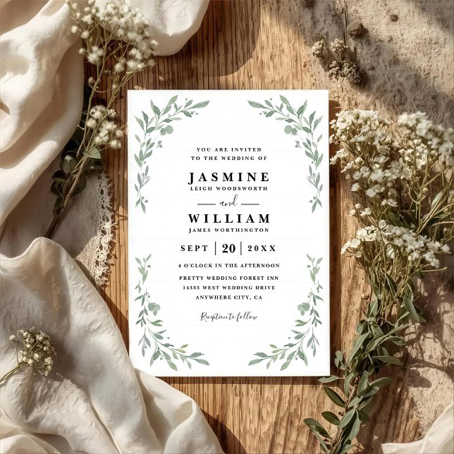 Convite Eucalyptus Greenery Elegant Modern QR Code Wedding (Criador carregado)